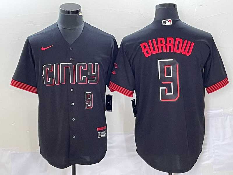 Mens Cincinnati Reds #9 Joe Burrow Number Black 2023 City Connect Cool Base Stitched Baseball Jersey2->cincinnati reds->MLB Jersey